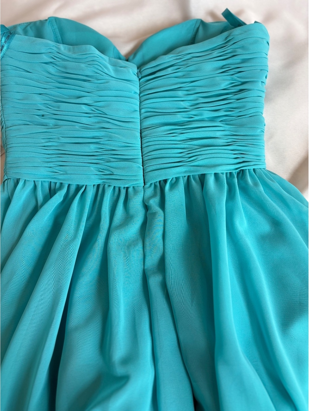 Mori Lee Aqua Blue Strapless Ruched Chiffon Cocktail Dress with Shawl, Size 6 - Picture 4 of 6
